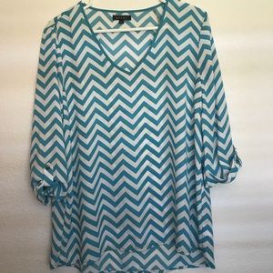 Teal and White Chevron High Low 3/4 Blouse